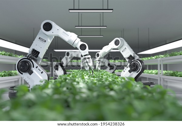Smart robotic farmers\
concept, robot farmers, Agriculture technology, Farm automation. 3D\
illustration