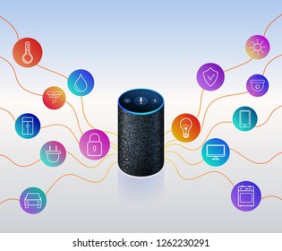 Smart Speaker For Smart Home Control. Icons On Colorful Gradient. Voice Control Gadget Of Your House. Intelligent Voice Activated Assistant. Isolated Object. 