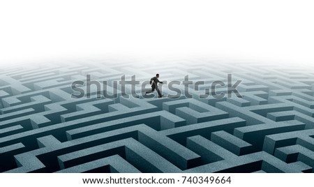 Smart strategy and efficient creative determination concept as a clever businessman moving forward on a complicated maze as an aspiration and innovative thinking symbol with 3D render elements.