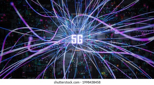 Smart technology circuit board with 5G and aesthetic Intricate wave line design , big data connection technology concept. 3d rendering