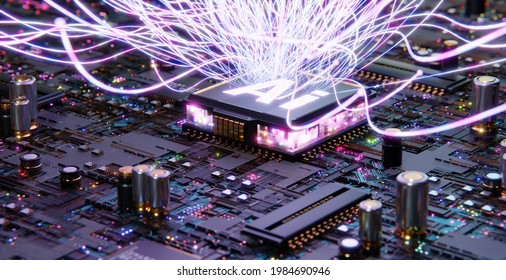 Smart technology circuit board with Ai and aesthetic Intricate wave line design , big data connection technology concept. 3d rendering