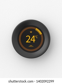 Smart Thermostat Mounted On A White Wall. 3d Render. Front View. Smart Home Series.