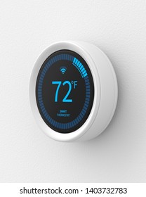 Smart Thermostat Mounted On A White Wall. 3d Render. Angled View. Smart Home Series.