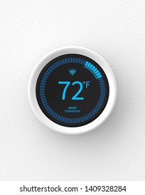 Smart Thermostat Mounted On A White Wall. 3d Render. Front View. Smart Home Series.