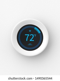 Smart Thermostat Mounted On A White Wall. 3d Render. Front View. Smart Home Series.