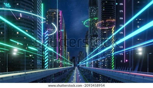 Smart traffic on\
road in city. 3d\
rendering