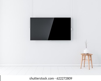 Smart Tv With Blank Screen Mockup On White Wall In Empty Interior. 3d Rendering