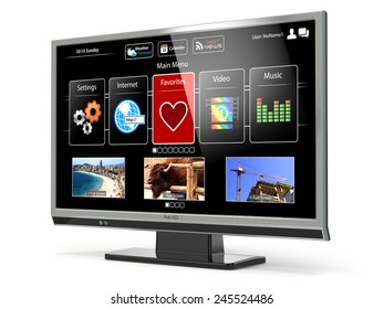 Smart TV Flat Screen Lcd Or Plasma With Web Interface Isolated On White.Digital Broadcasting Television. 3d