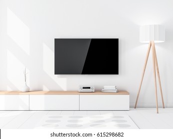 Smart Tv Mockup With Blank Black Screen Hanging On The Wall, Modern Living Room With Floor Lamp. 3d Rendering