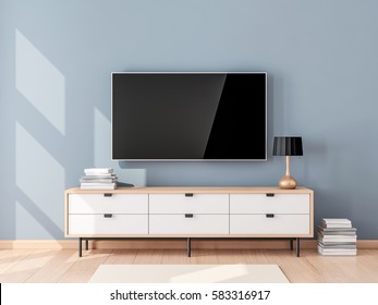 Smart Tv Mockup With Blank Screen Hanging On The Wall In Modern Living Room. 3d Rendering