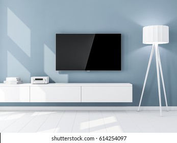 Smart Tv Mockup With Blank Screen Hanging On The Blue Wall, Living Room. 3d Rendering