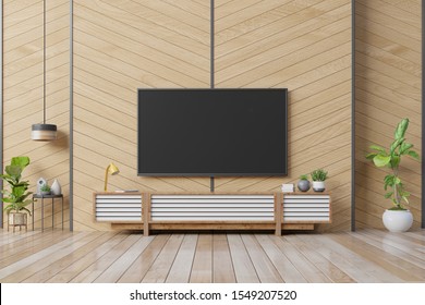 Smart Tv Mockup Hanging On Herringbone Wooden Wall In Modern Interior, 3d Rendering