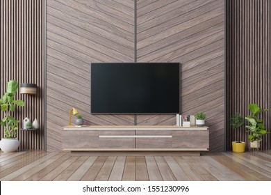 Smart Tv Mockup Hanging On Herringbone Wooden Wall In Modern Interior, 3d Rendering