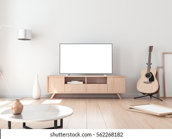 Smart Tv Mockup, Living Room With Acoustic Guitar. 3d Rendering