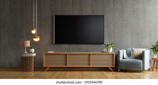 Smart Tv Mockup On Cabinet In Living Room The Concrete Wall,3d Rendering