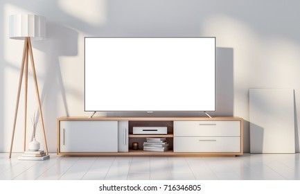 Smart Tv Mockup On Console In White Modern Living Room. 3d Rendering