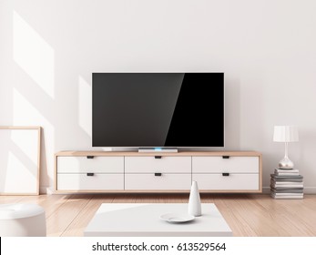 Smart Tv Mockup On Stand, Living Room. 3d Rendering