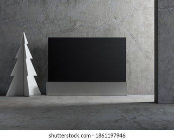 Smart Tv Mockup Standing On The Floor With Christmas Tree In Dark Room, 3d Rendering