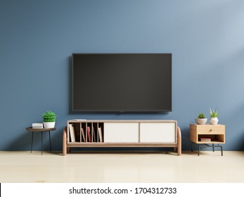 Smart TV On The Dark Blue Wall In Living Room,minimal Design,3d Rendering