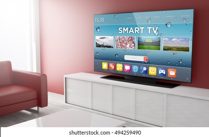 Smart Tv On A Living Room. 3d Rendering.