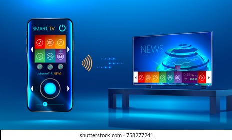 Smart TV Is On The Table. Smart TV Interface. A Smartphone Is A Remote For A Smart TV. Interface For Smartphone App.