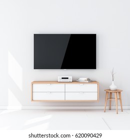 Smart Tv Set Mockup With Black Screen Hanging On The Wall In Modern Interior. 3d Rendering