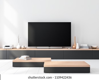 Smart Tv Set Mockup Standing On Wooden Console. 3d Rendering