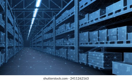 Smart warehouse. Automatic stock storage, modern distribution building, ecommerce warehouse, digital logistics, smart package hardware, AI delivery system, innovation in cargo, commercial storehouse - Powered by Shutterstock