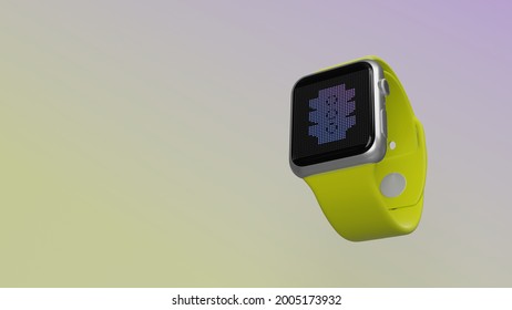 Smart Watch 3d Rendering With Symbol Of Traffic Lights On Lcd Display Isolated On Colored Background. Side Down View.