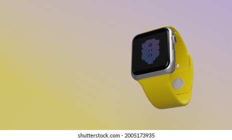 Smart Watch 3d Rendering With Symbol Of Traffic Lights On Lcd Display Isolated On Colored Background. Side Down View.