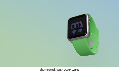 Smart Watch 3d Rendering With Symbol Of Little Public Bus On Lcd Display Isolated On Colored Background. Side Down View.