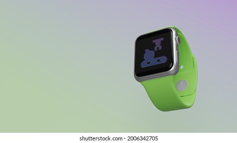 Smart Watch 3d Rendering With Symbol Of Mechanical Arm With Apple On Lcd Display Isolated On Colored Background. Side Down View.