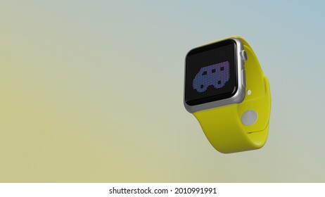 Smart Watch 3d Rendering With Symbol Of Shuttle Van On Lcd Display Isolated On Colored Background. Side Down View.