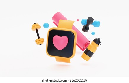 Smart watch, barbell, kettlebell and fitness mat. Illustration of 3D rendering. Sports elements for sports, yoga. - Powered by Shutterstock