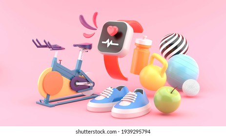 The smart watch is surrounded by fitness bikes, shoes, dumbbells, apples, exercise water bottles and balls on a pink background.-3d rendering.