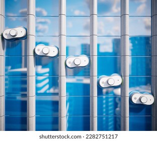 Smart window cleaning robots working on a big building reflective windows. Automatic cleaning devices keep the glass clean. Remote control window washing in the futuristic city.