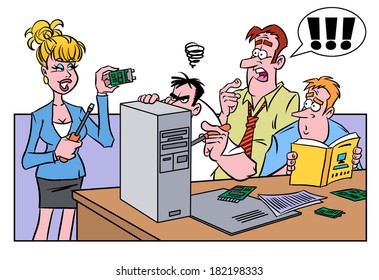 Smart woman helping men fix the computer