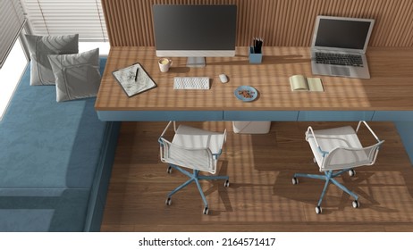 Smart Working, Blue And Wooden Corner Office, Desk With Chairs, Computers And Accessories. Big Window With Bench With Pillow, Parquet Floor, Top View, Above. Interior Design, 3d Illustration