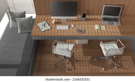 Smart Working, Gray And Wooden Corner Office, Desk With Chairs, Computers And Accessories. Big Window With Bench With Pillow, Parquet Floor, Top View, Above. Interior Design, 3d Illustration