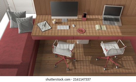 Smart Working, Red And Wooden Corner Office, Desk With Chairs, Computers And Accessories. Big Window With Bench With Pillow, Parquet Floor, Top View, Above. Interior Design, 3d Illustration