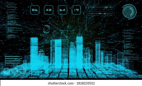 Smart world technology digital smart city 3D architecture building hologram scan with monitor screen user interface HUD control, security energy power futuristic digital neon color light background.
