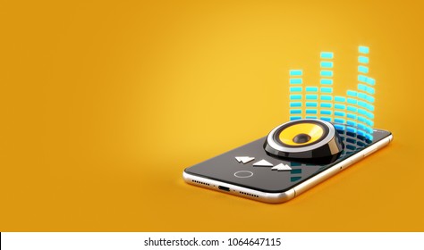 Smartphone Application For Online Buying, Downloading And Listening To Music. Unusual 3D Illustration Of Music Player App On A Smartphone Screen