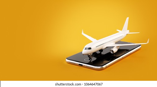 Smartphone application for online searching, buying and booking flights on the internet. Unusual 3D illustration of commercial airplane on smartphone