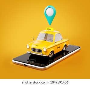 Smartphone application of taxi service for online searching calling and booking a cab. Unusual 3D illustration of taxi cab on smart phone. Taxi concept