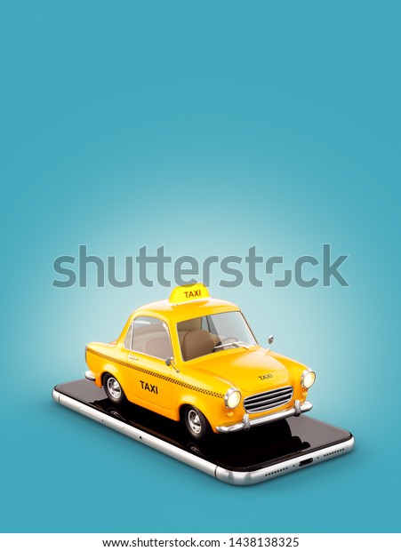 Smartphone application of taxi service for\
online searching calling and booking a cab. Unusual 3D illustration\
of taxi cab on smart phone. Taxi\
concept