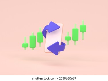 Smartphone with arrow around and candlestick chart on pink background, Business investment concept, 3D rendering.