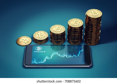 Smartphone with Bitcoin Cash surge chart and growing piles of golden Bitcoin Cash coins. Bitcoin Cash (BCC/BCH) growth concept. 3D rendering