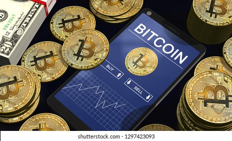 Smartphone with Bitcoin chart on-screen among piles of golden Bitcoins. Bitcoin trading concept. 3D rendering - Illustration 