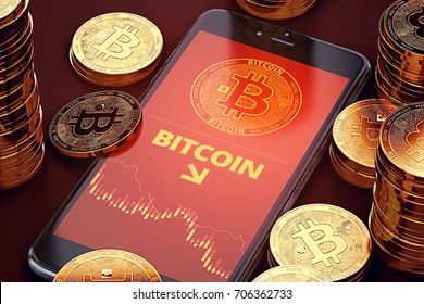 Smartphone With Bitcoin Decline Chart On-screen Among Piles Of Bitcoins. Bitcoin Decline Concept. 3D Rendering