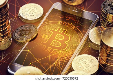 Smartphone with Bitcoin on-screen among piles of Bitcoins. Bitcoin in danger concept. 3D rendering